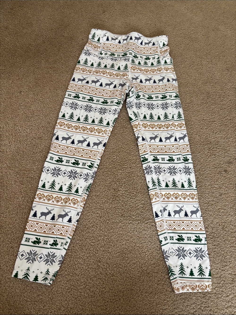 Holiday Patterned Leggings - women’s White with Green & Gold Accents size S